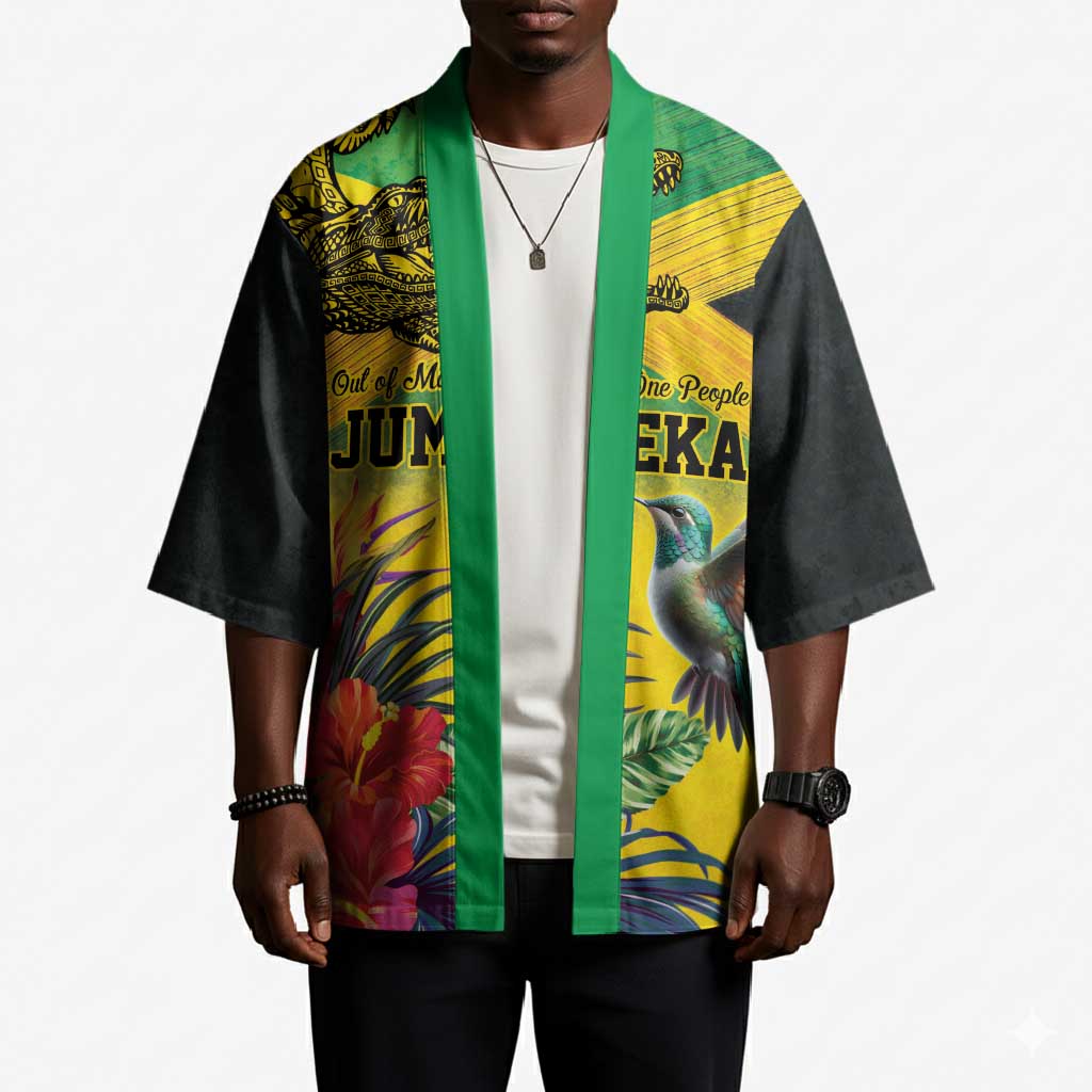 Personalized Black Jamaicans Crocodile Hummingbird Kimono Tropical Flowers Grunge Flag