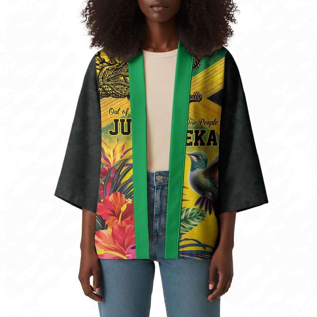 Personalized Black Jamaicans Crocodile Hummingbird Kimono Tropical Flowers Grunge Flag