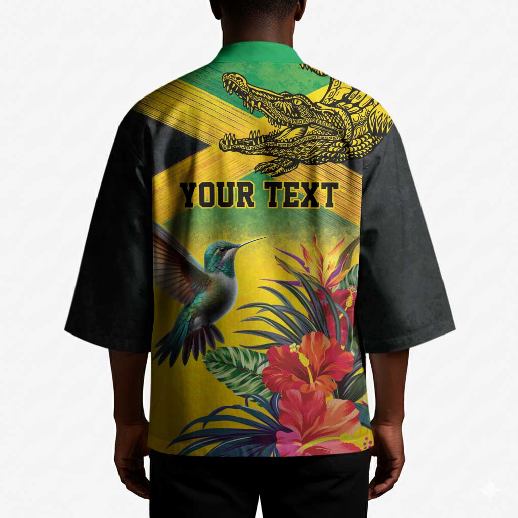 Personalized Black Jamaicans Crocodile Hummingbird Kimono Tropical Flowers Grunge Flag