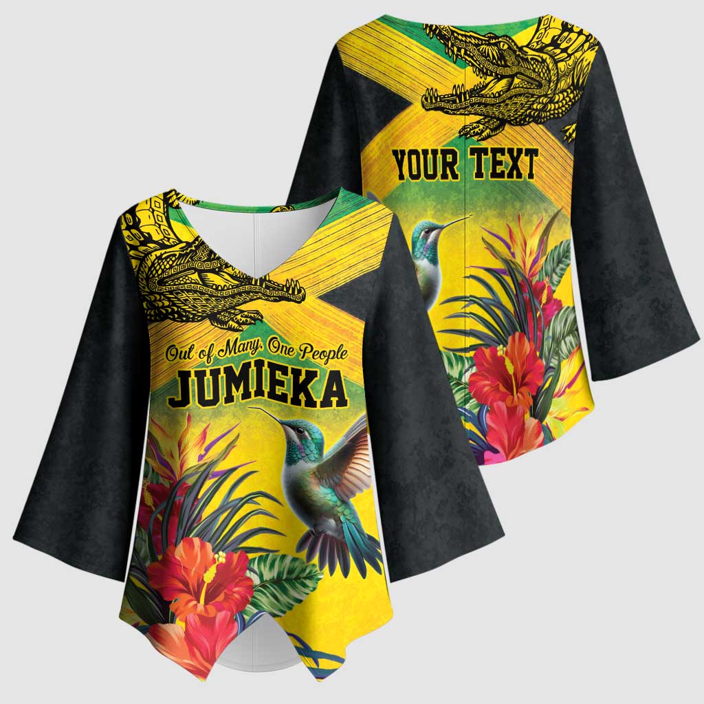 Personalized Black Jamaicans Crocodile Hummingbird Kimono Sleeve Blouse Tropical Flowers Grunge Flag