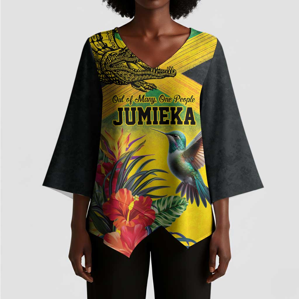Personalized Black Jamaicans Crocodile Hummingbird Kimono Sleeve Blouse Tropical Flowers Grunge Flag