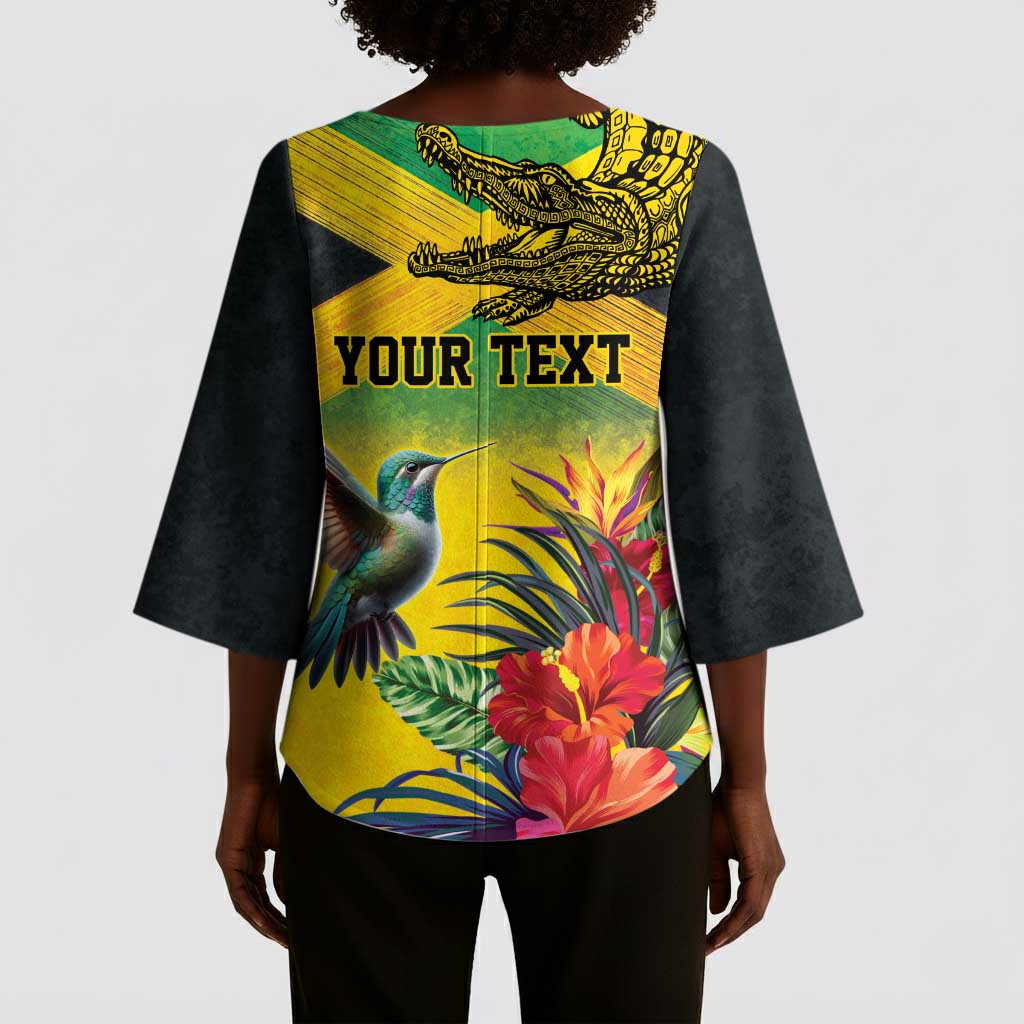 Personalized Black Jamaicans Crocodile Hummingbird Kimono Sleeve Blouse Tropical Flowers Grunge Flag