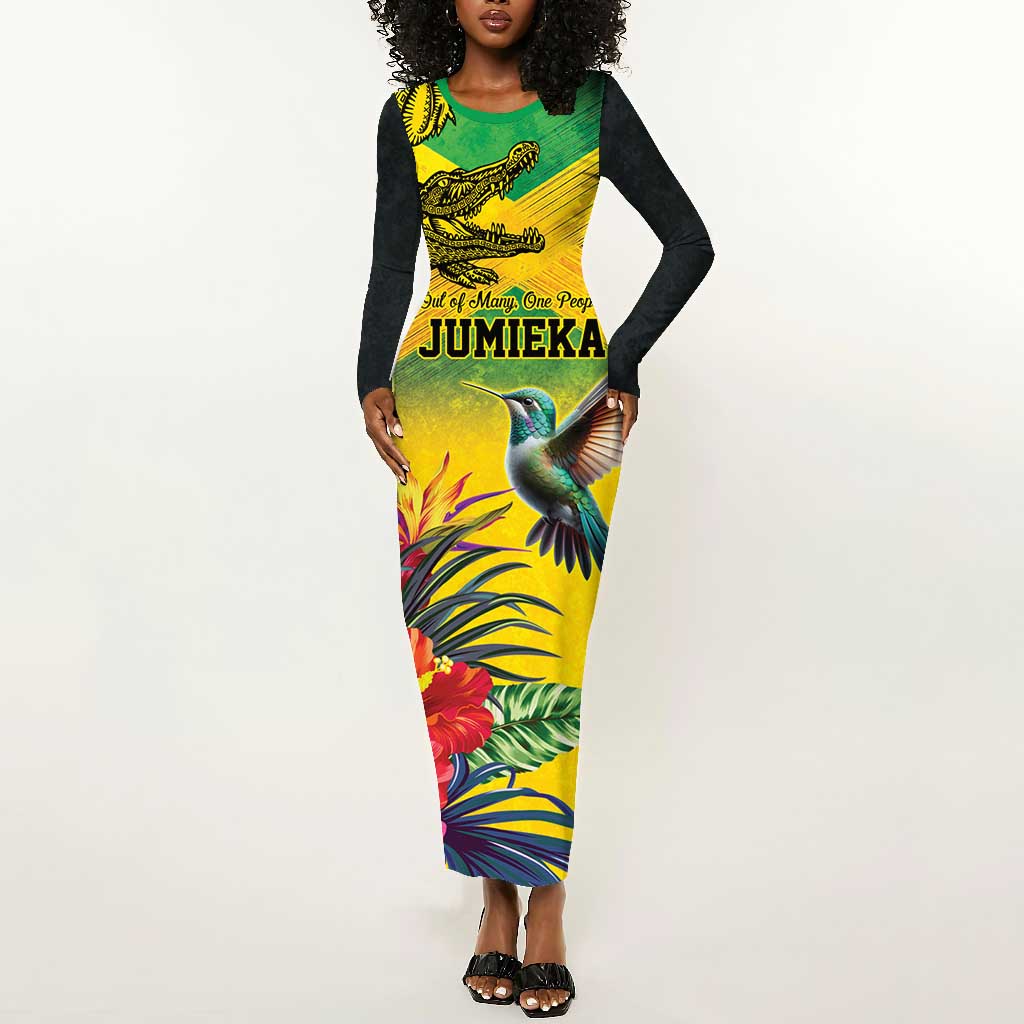 Personalized Black Jamaicans Crocodile Hummingbird Long Sleeve Bodycon Dress Tropical Flowers Grunge Flag - African Pride