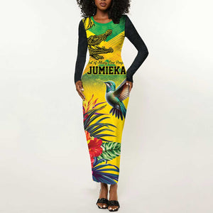 Personalized Black Jamaicans Crocodile Hummingbird Long Sleeve Bodycon Dress Tropical Flowers Grunge Flag - African Pride
