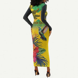 Personalized Black Jamaicans Crocodile Hummingbird Long Sleeve Bodycon Dress Tropical Flowers Grunge Flag - African Pride