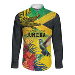 Personalized Black Jamaicans Crocodile Hummingbird Long Sleeve Button Shirt Tropical Flowers Grunge Flag - African Pride