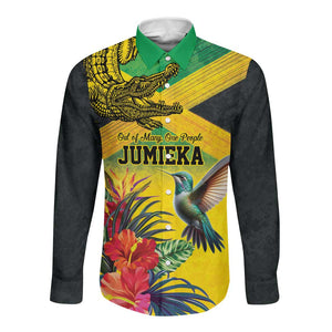 Personalized Black Jamaicans Crocodile Hummingbird Long Sleeve Button Shirt Tropical Flowers Grunge Flag - African Pride