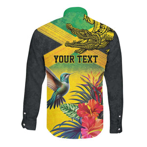 Personalized Black Jamaicans Crocodile Hummingbird Long Sleeve Button Shirt Tropical Flowers Grunge Flag - African Pride