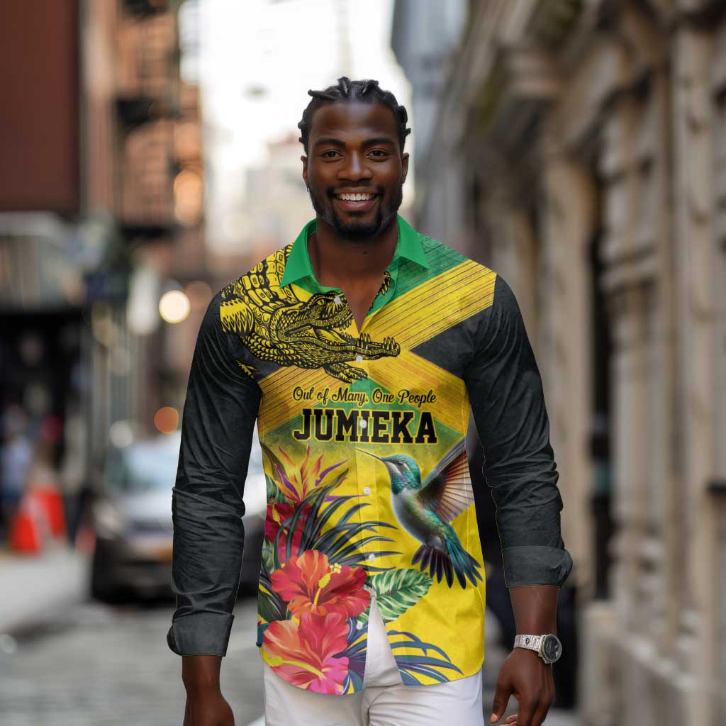 Personalized Black Jamaicans Crocodile Hummingbird Long Sleeve Button Shirt Tropical Flowers Grunge Flag - African Pride