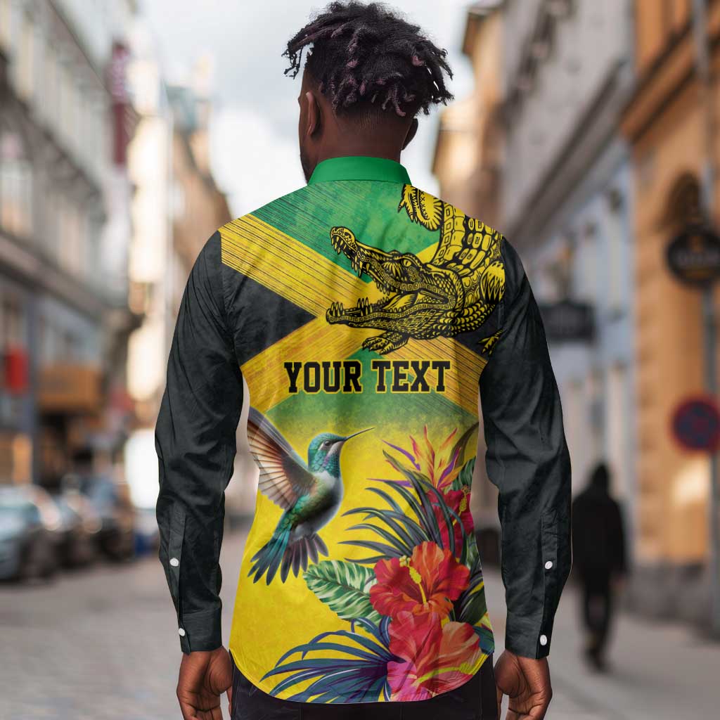 Personalized Black Jamaicans Crocodile Hummingbird Long Sleeve Button Shirt Tropical Flowers Grunge Flag - African Pride