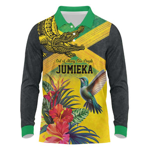 Personalized Black Jamaicans Crocodile Hummingbird Long Sleeve Polo Shirt Tropical Flowers Grunge Flag - African Pride
