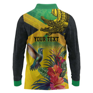 Personalized Black Jamaicans Crocodile Hummingbird Long Sleeve Polo Shirt Tropical Flowers Grunge Flag - African Pride