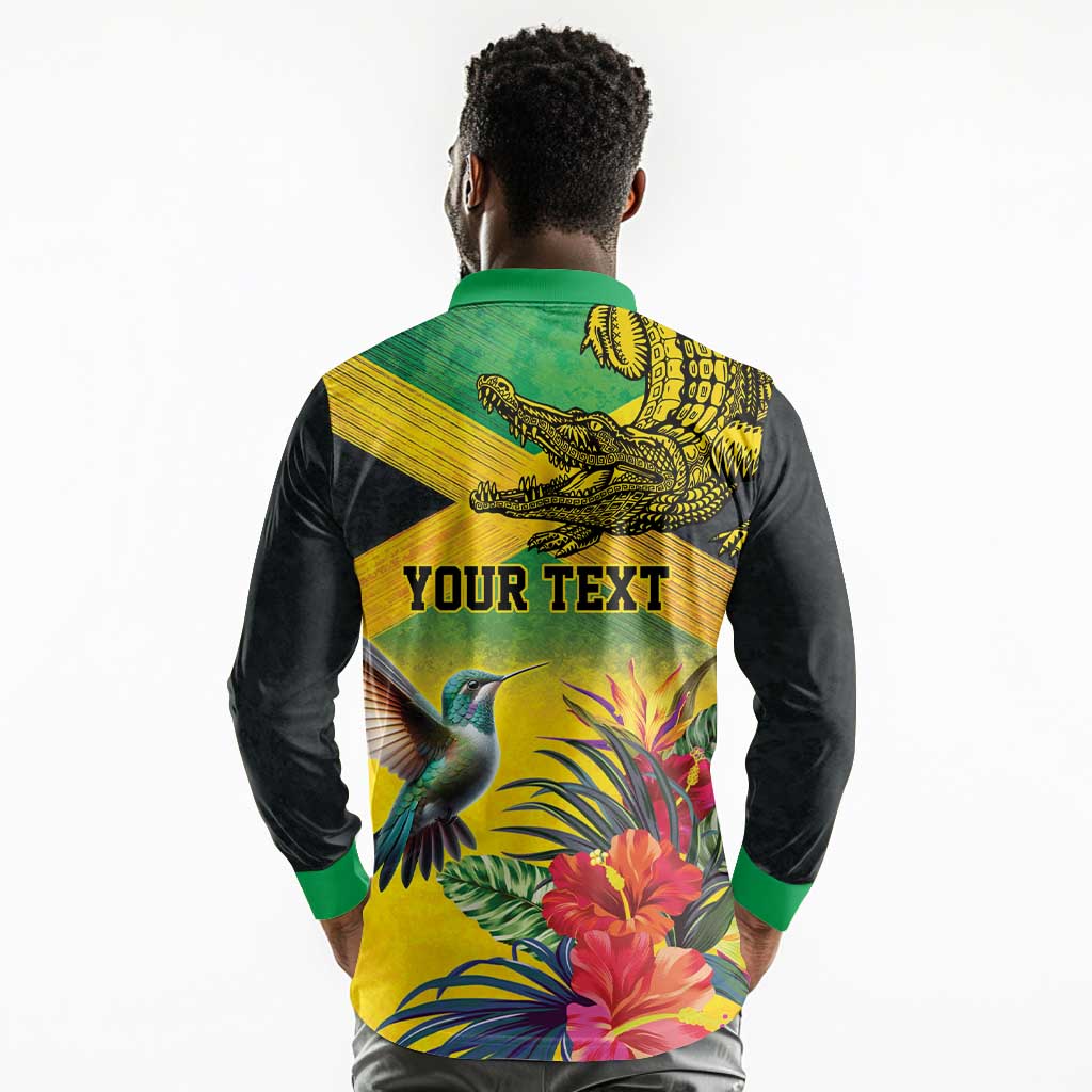 Personalized Black Jamaicans Crocodile Hummingbird Long Sleeve Polo Shirt Tropical Flowers Grunge Flag - African Pride