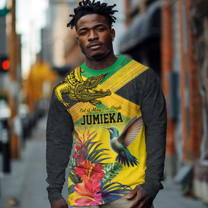 Personalized Black Jamaicans Crocodile Hummingbird Long Sleeve Shirt Tropical Flowers Grunge Flag - African Pride