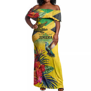Personalized Black Jamaicans Crocodile Hummingbird Off Shoulder Maxi Dress Tropical Flowers Grunge Flag - African Pride