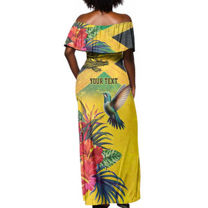Personalized Black Jamaicans Crocodile Hummingbird Off Shoulder Maxi Dress Tropical Flowers Grunge Flag - African Pride
