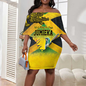 Personalized Black Jamaicans Crocodile Hummingbird Off Shoulder Short Dress Tropical Flowers Grunge Flag - African Pride
