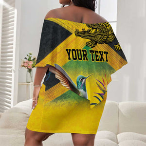 Personalized Black Jamaicans Crocodile Hummingbird Off Shoulder Short Dress Tropical Flowers Grunge Flag - African Pride