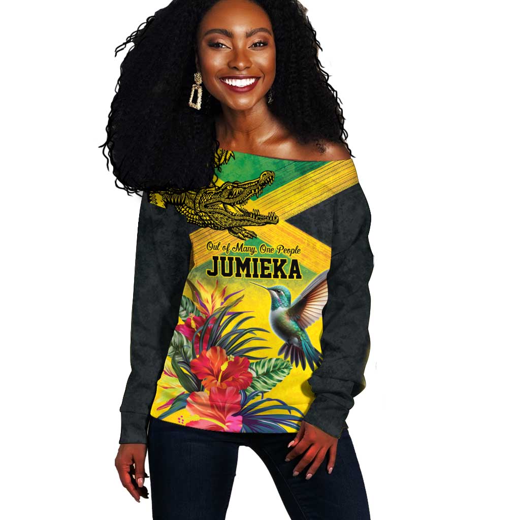 Personalized Black Jamaicans Crocodile Hummingbird Off Shoulder Sweater Tropical Flowers Grunge Flag - African Pride