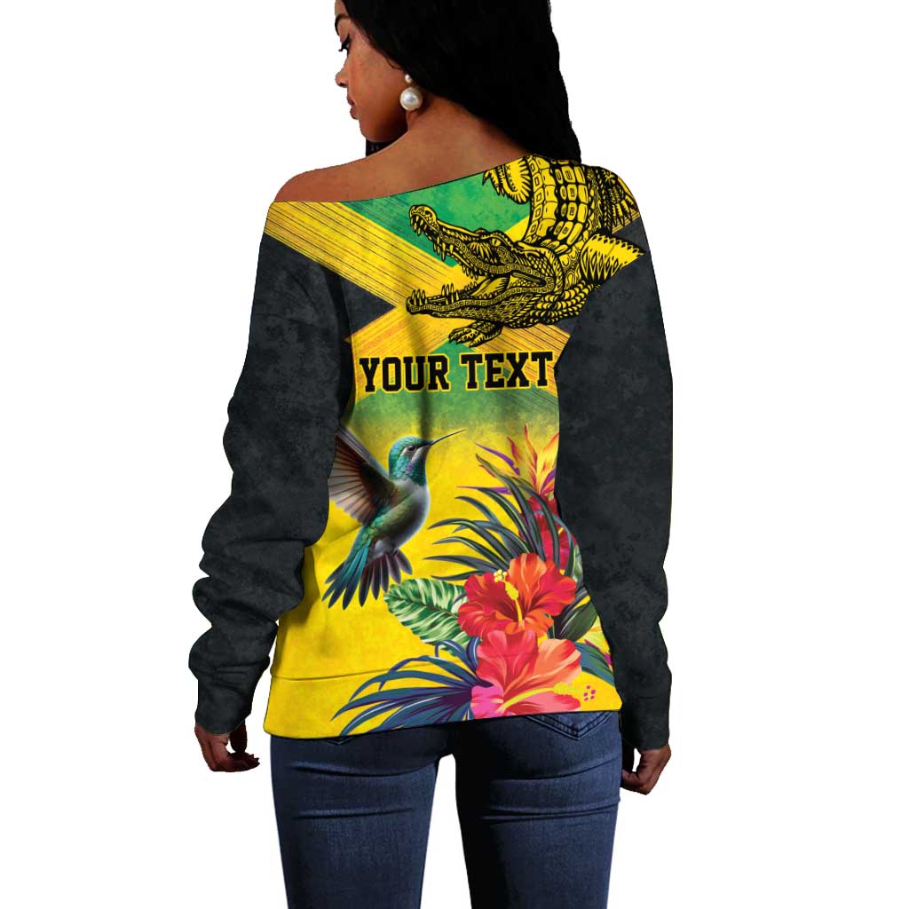 Personalized Black Jamaicans Crocodile Hummingbird Off Shoulder Sweater Tropical Flowers Grunge Flag - African Pride
