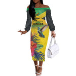 Personalized Black Jamaicans Crocodile Hummingbird Off The Shoulder Long Sleeve Dress Tropical Flowers Grunge Flag - African Pride
