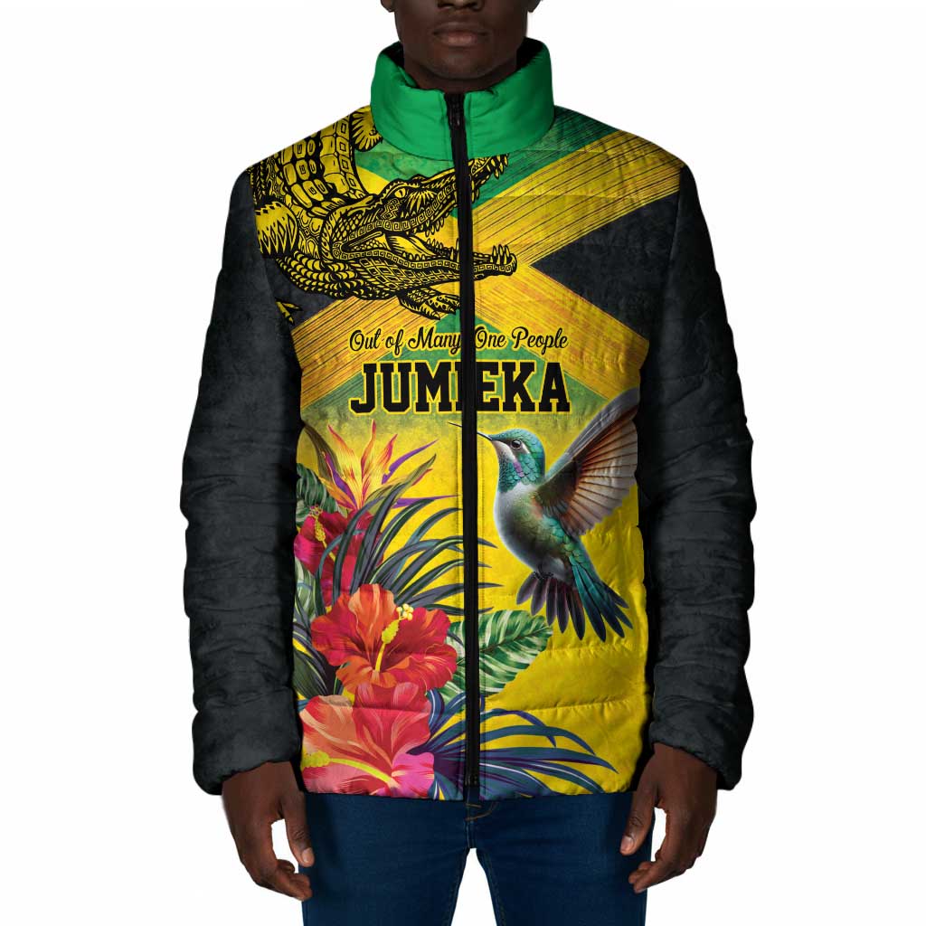 Personalized Black Jamaicans Crocodile Hummingbird Padded Jacket Tropical Flowers Grunge Flag
