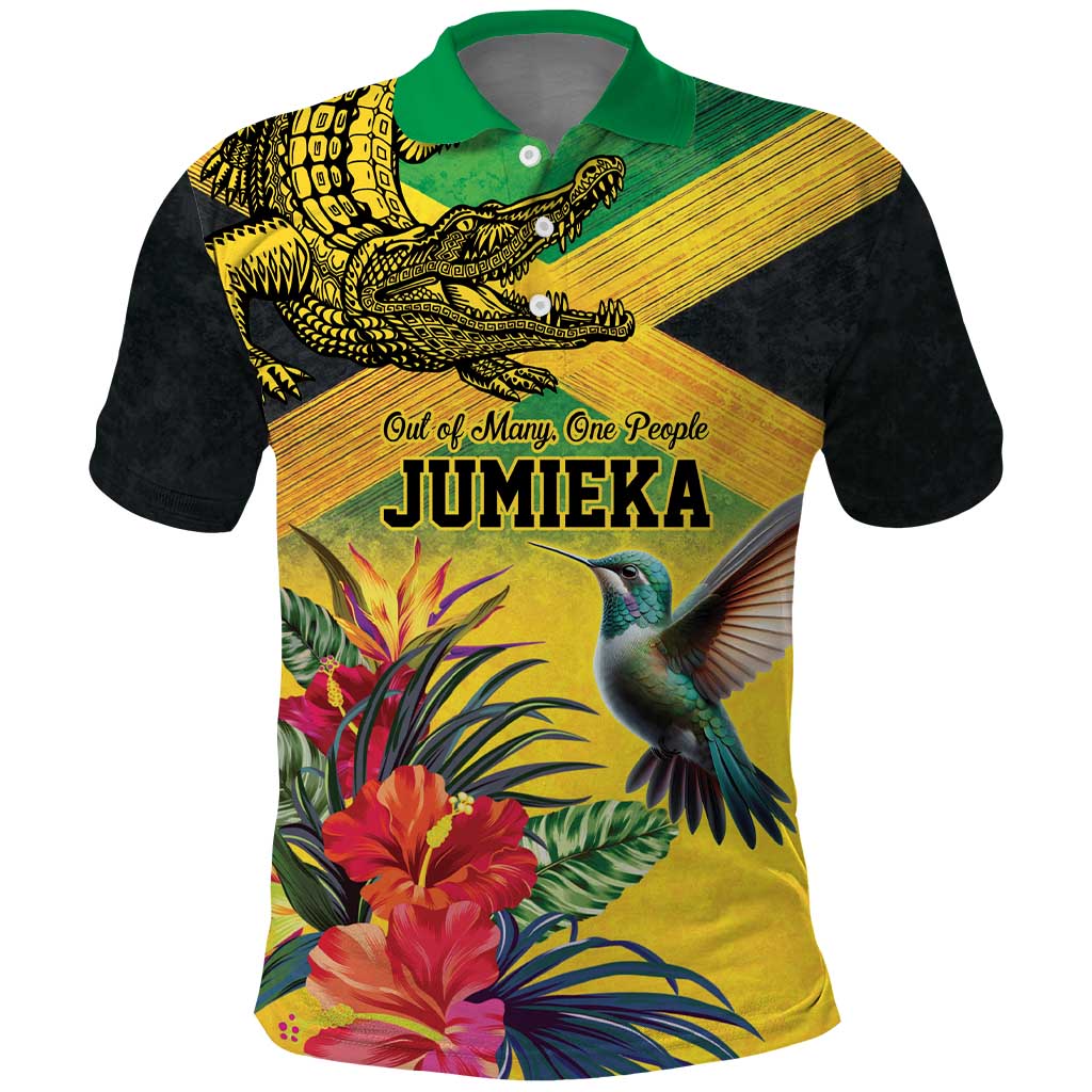 Personalized Black Jamaicans Crocodile Hummingbird Polo Shirt Tropical Flowers Grunge Flag - African Pride