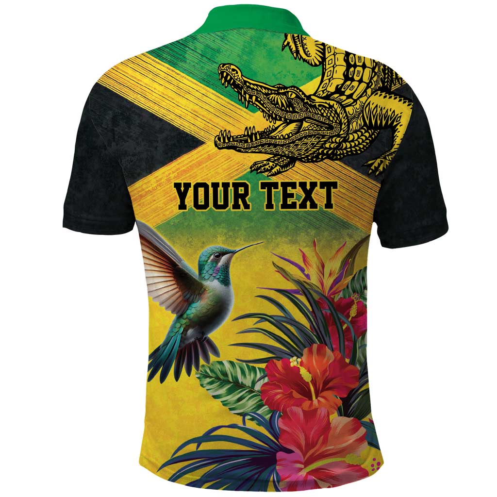 Personalized Black Jamaicans Crocodile Hummingbird Polo Shirt Tropical Flowers Grunge Flag - African Pride