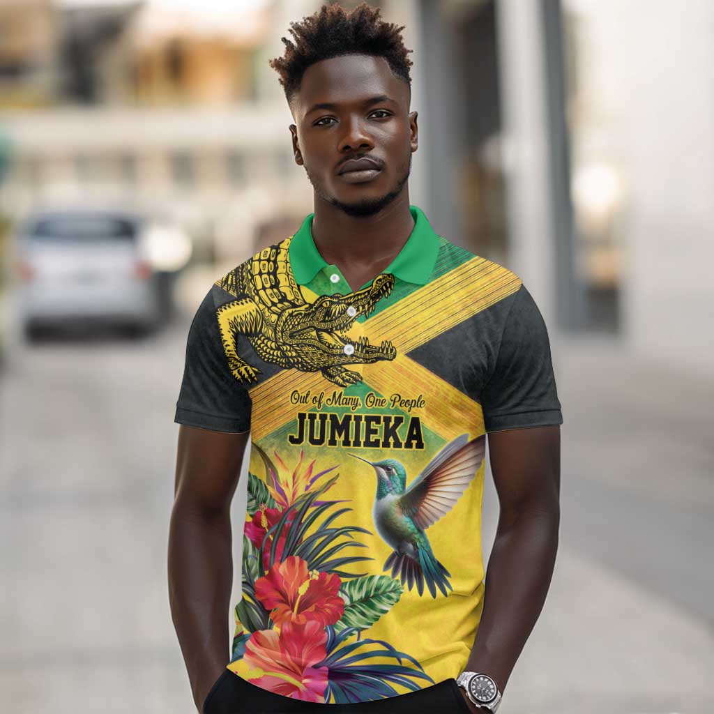 Personalized Black Jamaicans Crocodile Hummingbird Polo Shirt Tropical Flowers Grunge Flag - African Pride
