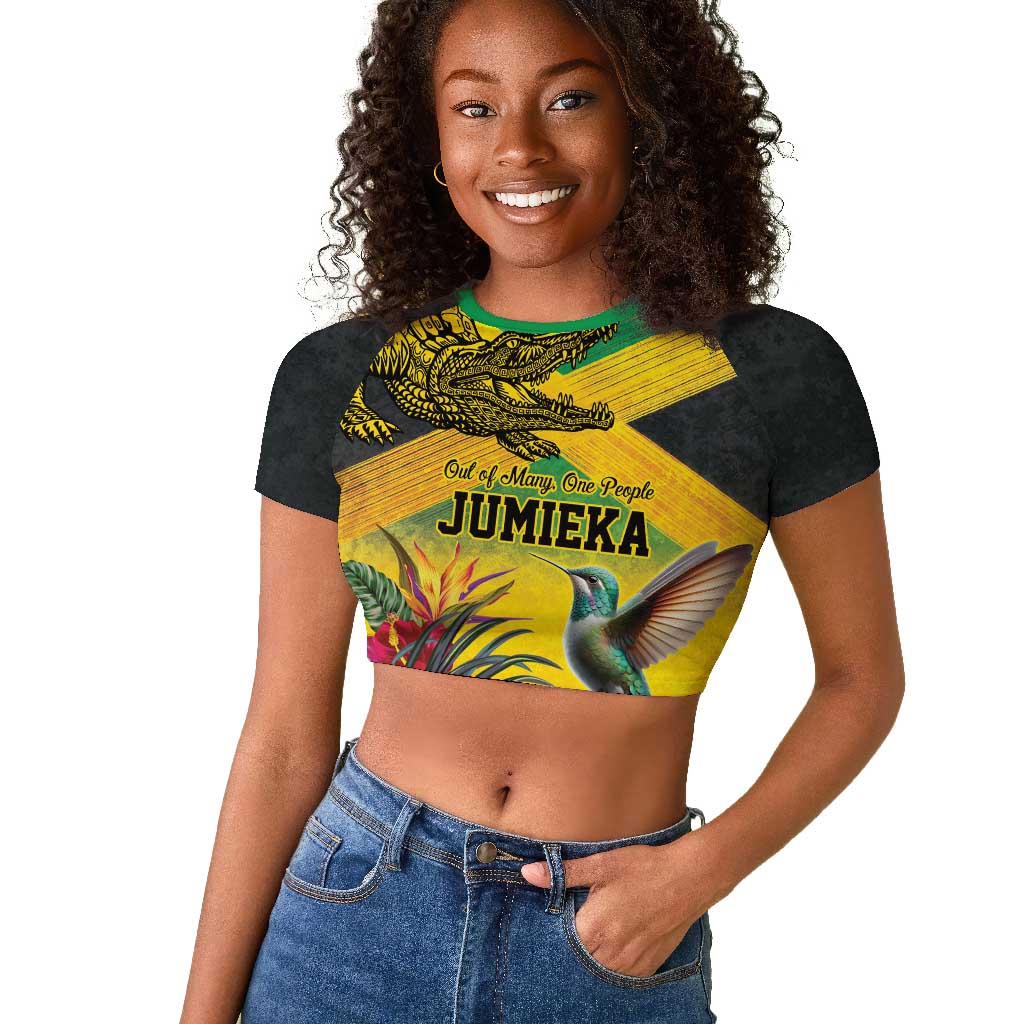 Personalized Black Jamaicans Crocodile Hummingbird Raglan Cropped T shirt Tropical Flowers Grunge Flag - African Pride