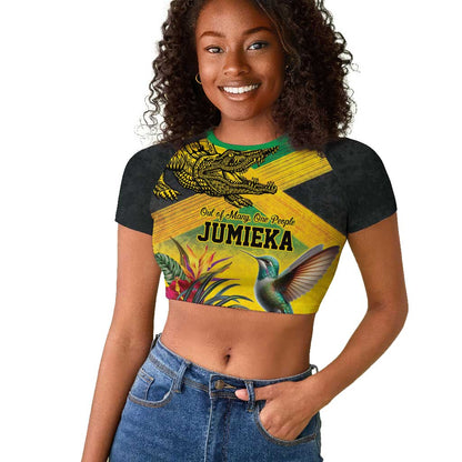 Personalized Black Jamaicans Crocodile Hummingbird Raglan Cropped T shirt Tropical Flowers Grunge Flag - African Pride