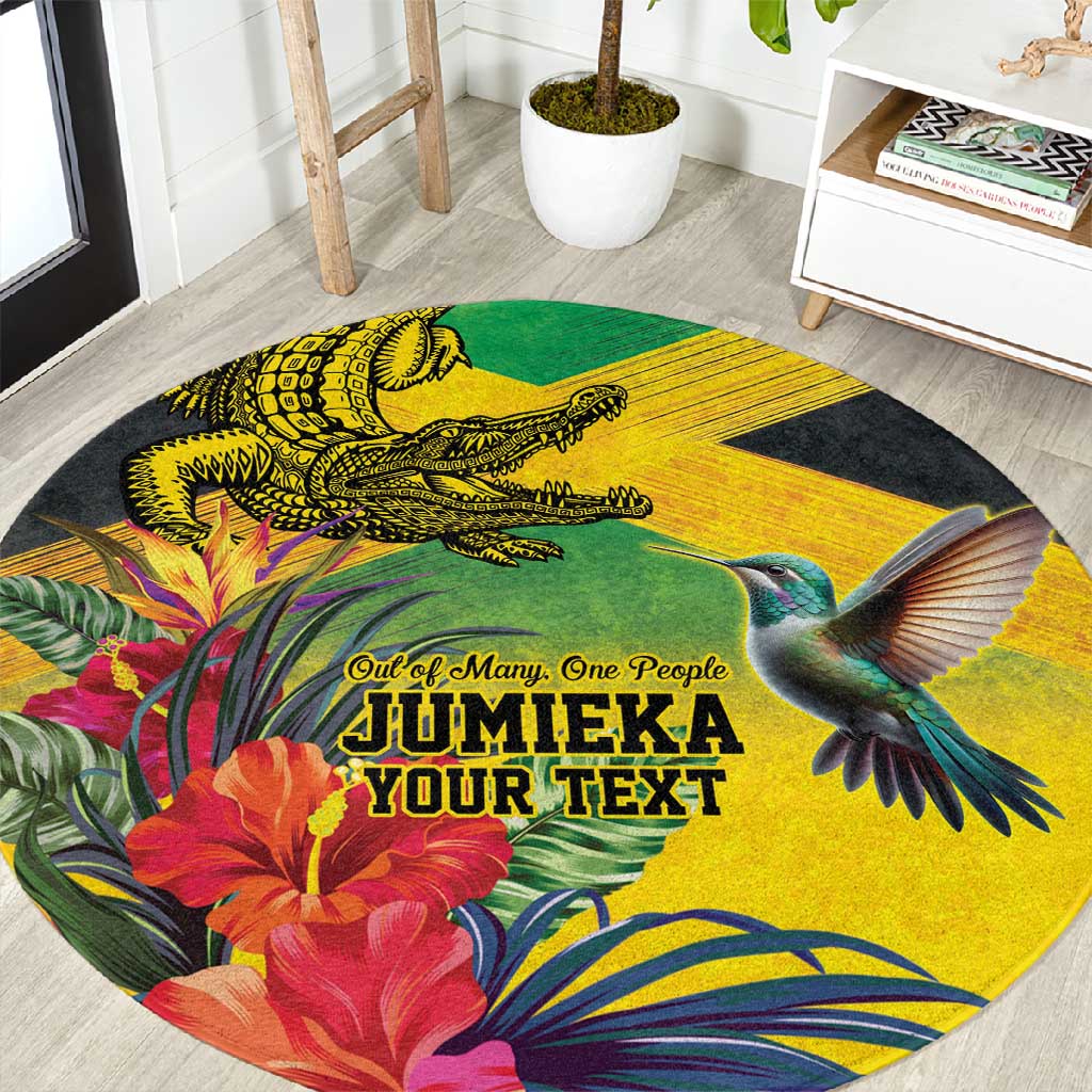 Personalized Black Jamaicans Crocodile Hummingbird Round Carpet Tropical Flowers Grunge Flag - African Pride