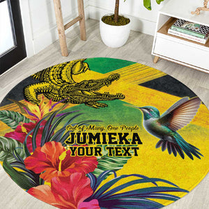 Personalized Black Jamaicans Crocodile Hummingbird Round Carpet Tropical Flowers Grunge Flag - African Pride