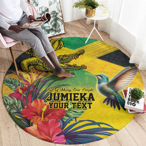 Personalized Black Jamaicans Crocodile Hummingbird Round Carpet Tropical Flowers Grunge Flag - African Pride
