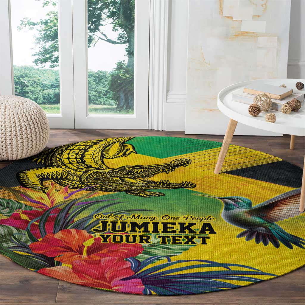 Personalized Black Jamaicans Crocodile Hummingbird Round Carpet Tropical Flowers Grunge Flag - African Pride