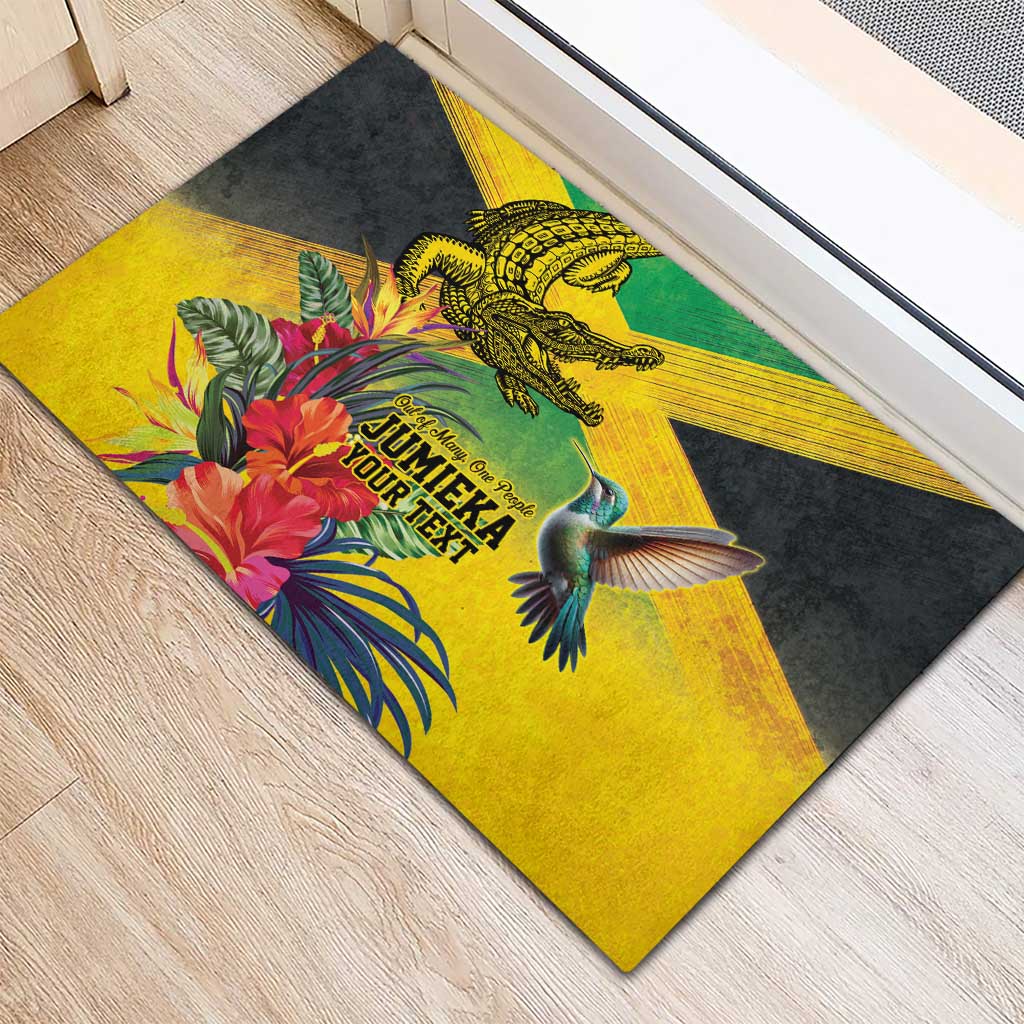 Personalized Black Jamaicans Crocodile Hummingbird Rubber Doormat Tropical Flowers Grunge Flag - African Pride