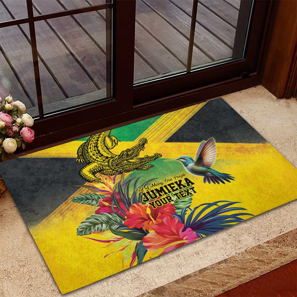 Personalized Black Jamaicans Crocodile Hummingbird Rubber Doormat Tropical Flowers Grunge Flag - African Pride