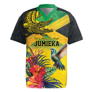 Personalized Black Jamaicans Crocodile Hummingbird Rugby Jersey Tropical Flowers Grunge Flag - African Pride