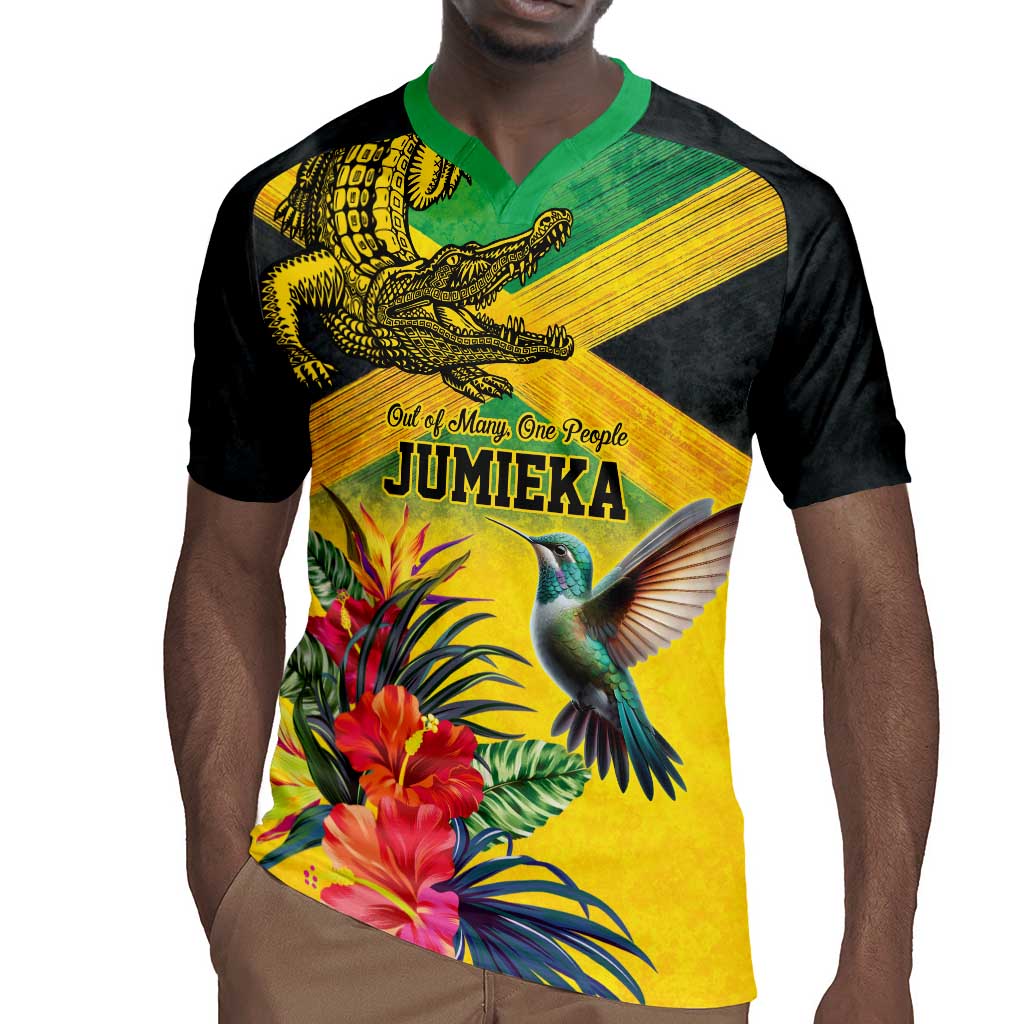 Personalized Black Jamaicans Crocodile Hummingbird Rugby Jersey Tropical Flowers Grunge Flag - African Pride