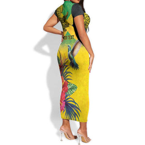 Personalized Black Jamaicans Crocodile Hummingbird Short Sleeve Bodycon Dress Tropical Flowers Grunge Flag - African Pride