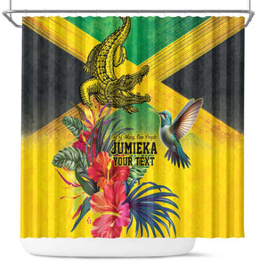 Personalized Black Jamaicans Crocodile Hummingbird Shower Curtain Tropical Flowers Grunge Flag - African Pride