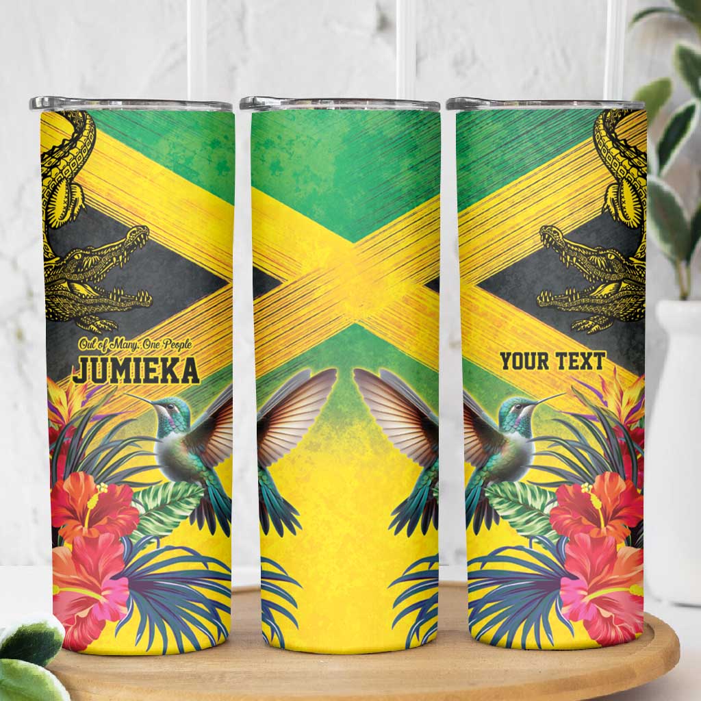 Personalized Black Jamaicans Crocodile Hummingbird Skinny Tumbler Tropical Flowers Grunge Flag - African Pride