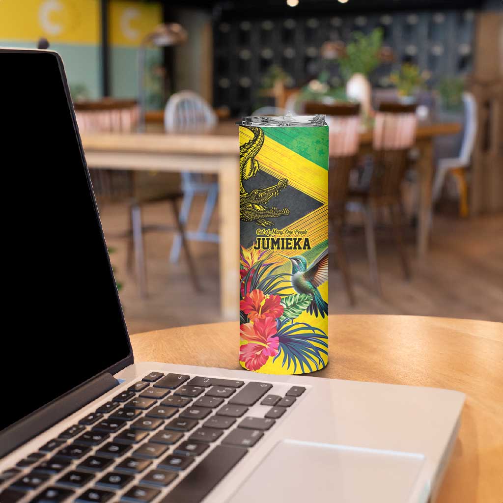 Personalized Black Jamaicans Crocodile Hummingbird Skinny Tumbler Tropical Flowers Grunge Flag - African Pride