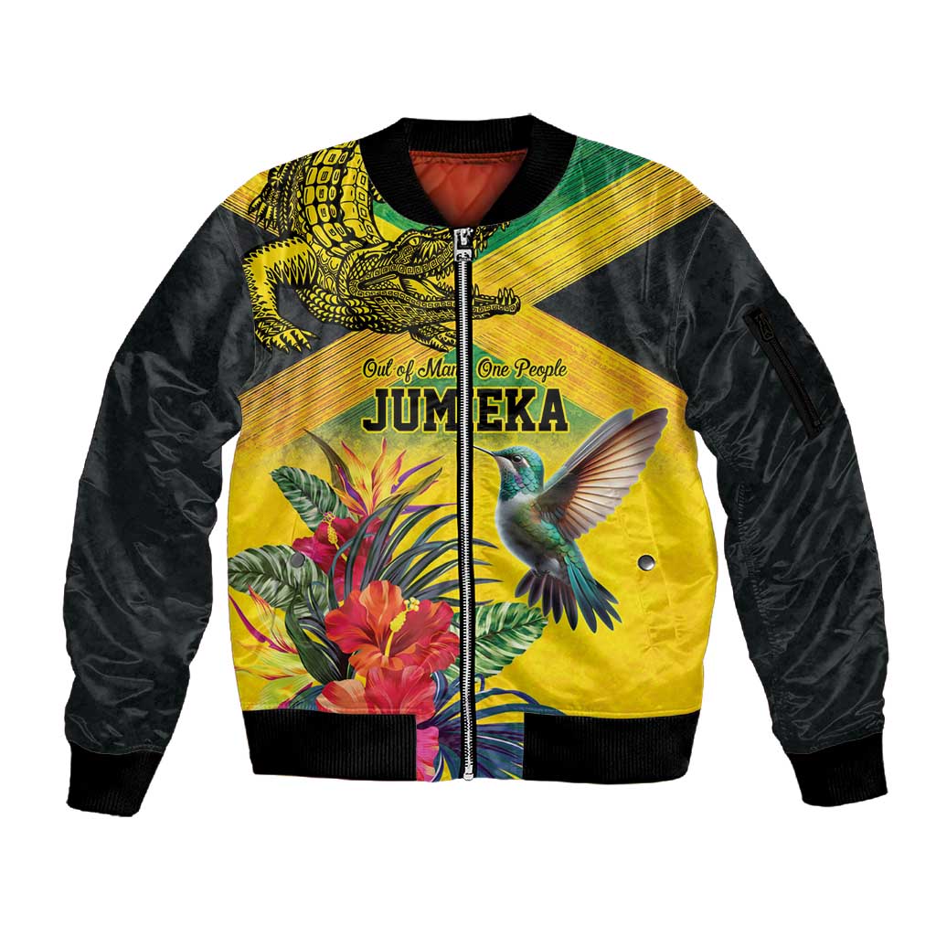 Personalized Black Jamaicans Crocodile Hummingbird Sleeve Zip Bomber Jacket Tropical Flowers Grunge Flag - African Pride