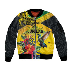 Personalized Black Jamaicans Crocodile Hummingbird Sleeve Zip Bomber Jacket Tropical Flowers Grunge Flag - African Pride