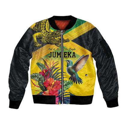 Personalized Black Jamaicans Crocodile Hummingbird Sleeve Zip Bomber Jacket Tropical Flowers Grunge Flag - African Pride