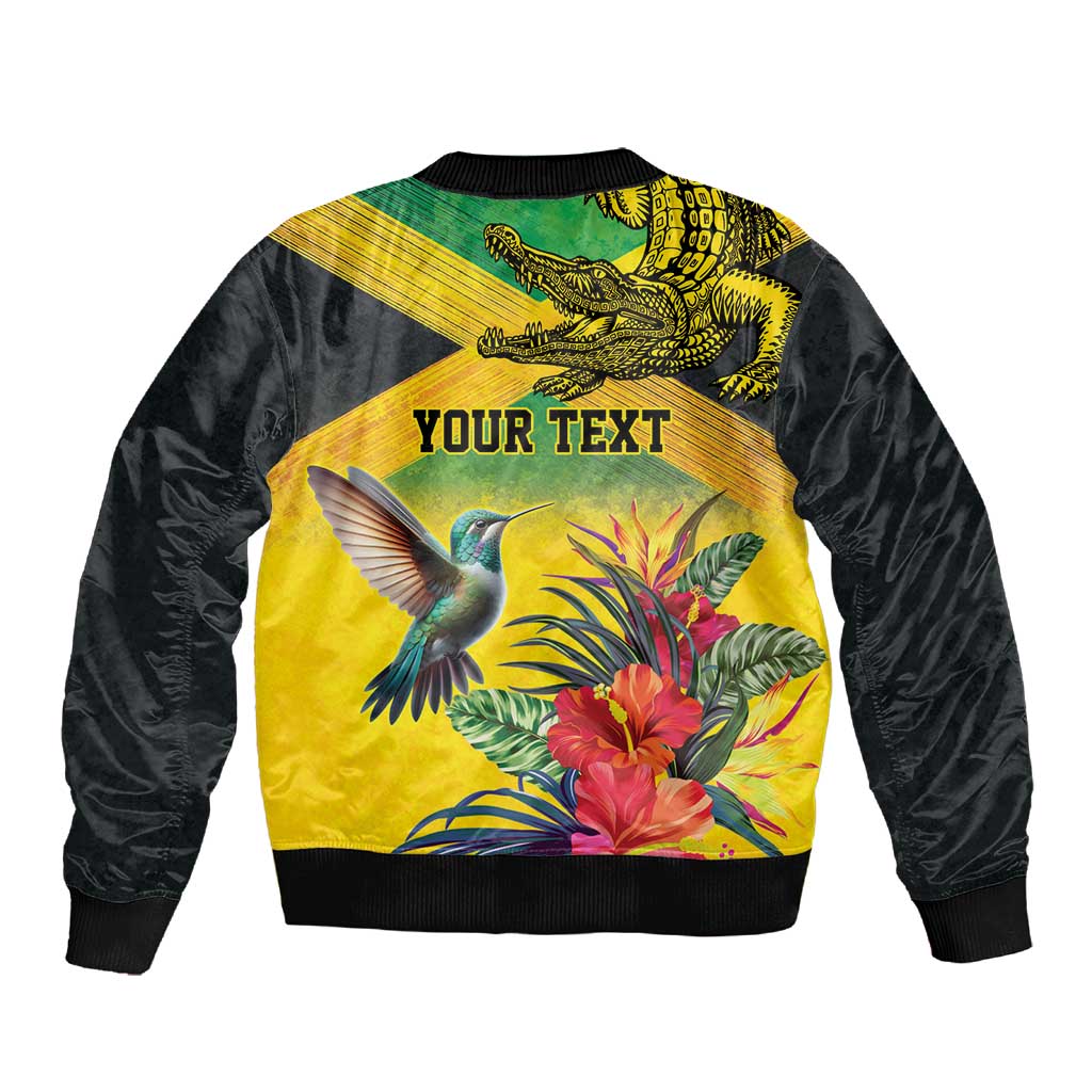 Personalized Black Jamaicans Crocodile Hummingbird Sleeve Zip Bomber Jacket Tropical Flowers Grunge Flag - African Pride