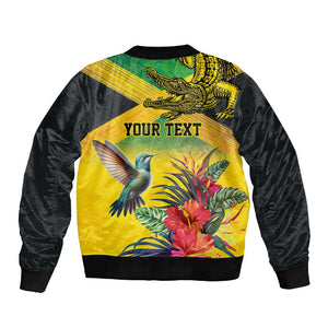 Personalized Black Jamaicans Crocodile Hummingbird Sleeve Zip Bomber Jacket Tropical Flowers Grunge Flag - African Pride