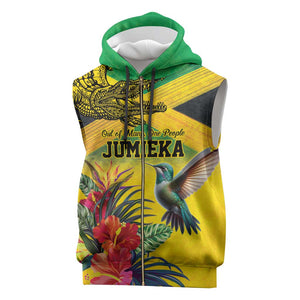 Personalized Black Jamaicans Crocodile Hummingbird Sleeveless Zip Hoodie Tropical Flowers Grunge Flag - African Pride