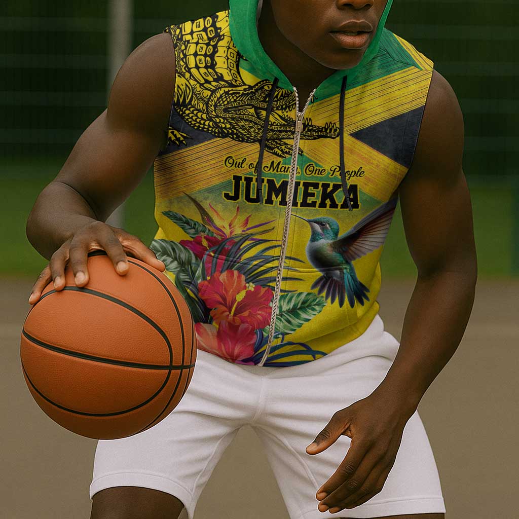 Personalized Black Jamaicans Crocodile Hummingbird Sleeveless Zip Hoodie Tropical Flowers Grunge Flag - African Pride